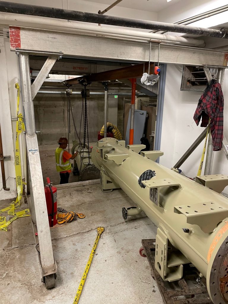 LGH chain hoists help lower chiller down elevator shaft