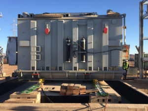 Jobsite pic of the Hydra-Slide XLP150 hydraulic skidding system in LGH green.