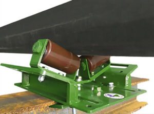 A green LGH pipe rack roller, rolling a pipe across it.