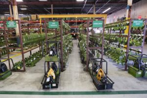 A photo inside our Oakville Ontario LGH Canada warehouse, showcasing our meticulously maintained chain hoists, beam clamps, beam trolleys and more
